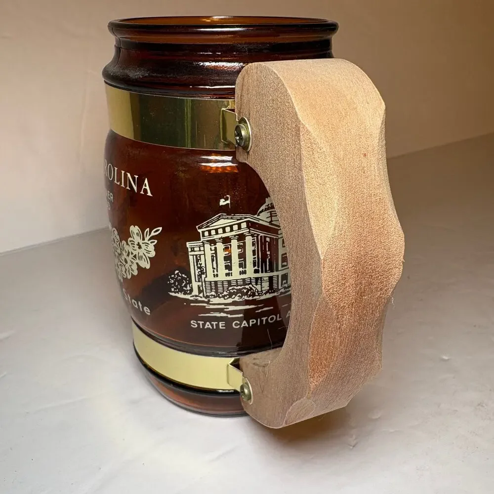 Vintage North Carolina Tarheel State Souvenir Brown Glass Barrel Mug Wood